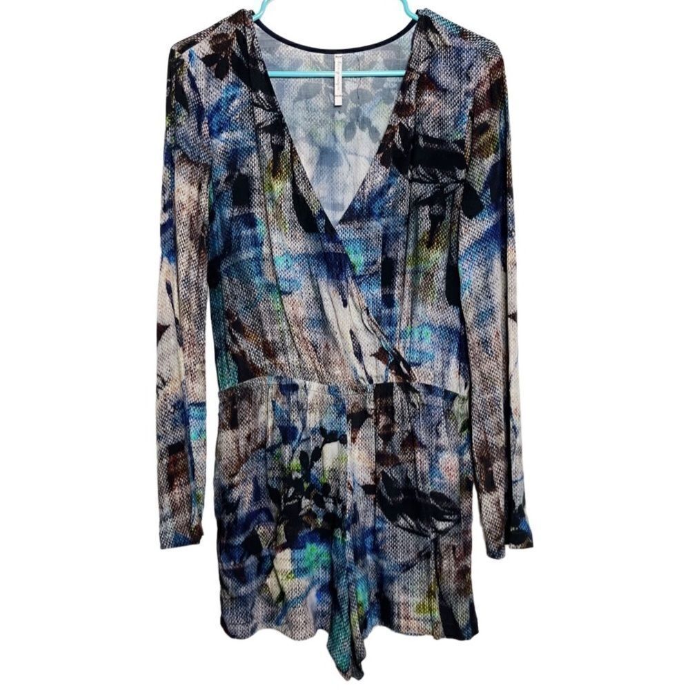Willow & Clay Long Sleeve Plunging V Neck Romper Blue Size Medium - Picture 1 of 6